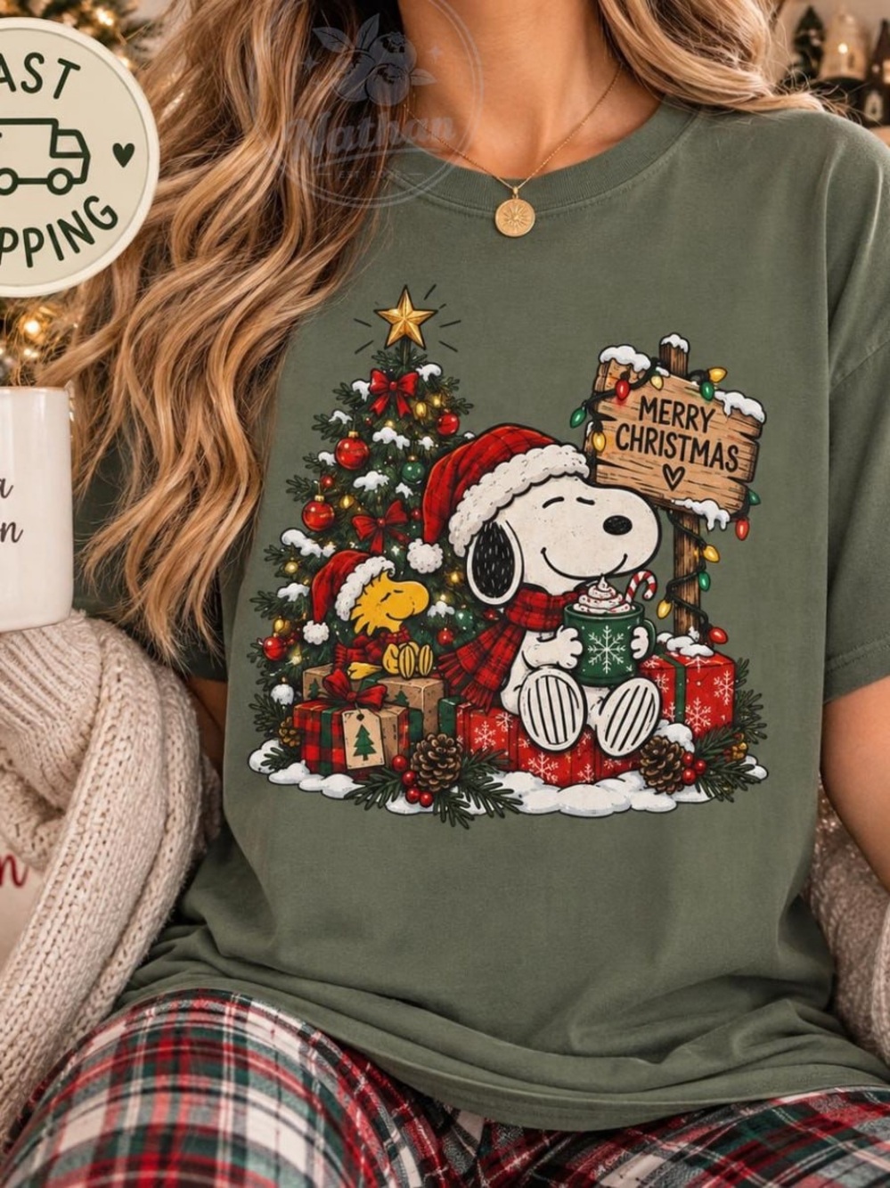 Comfort Colors Moss Green Snoopy & Woodstock Merry Christmas Tee